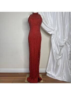Vintage Papell Boutique Evening Gown Size 10 Red Beaded Silk Backless Maxi Dress